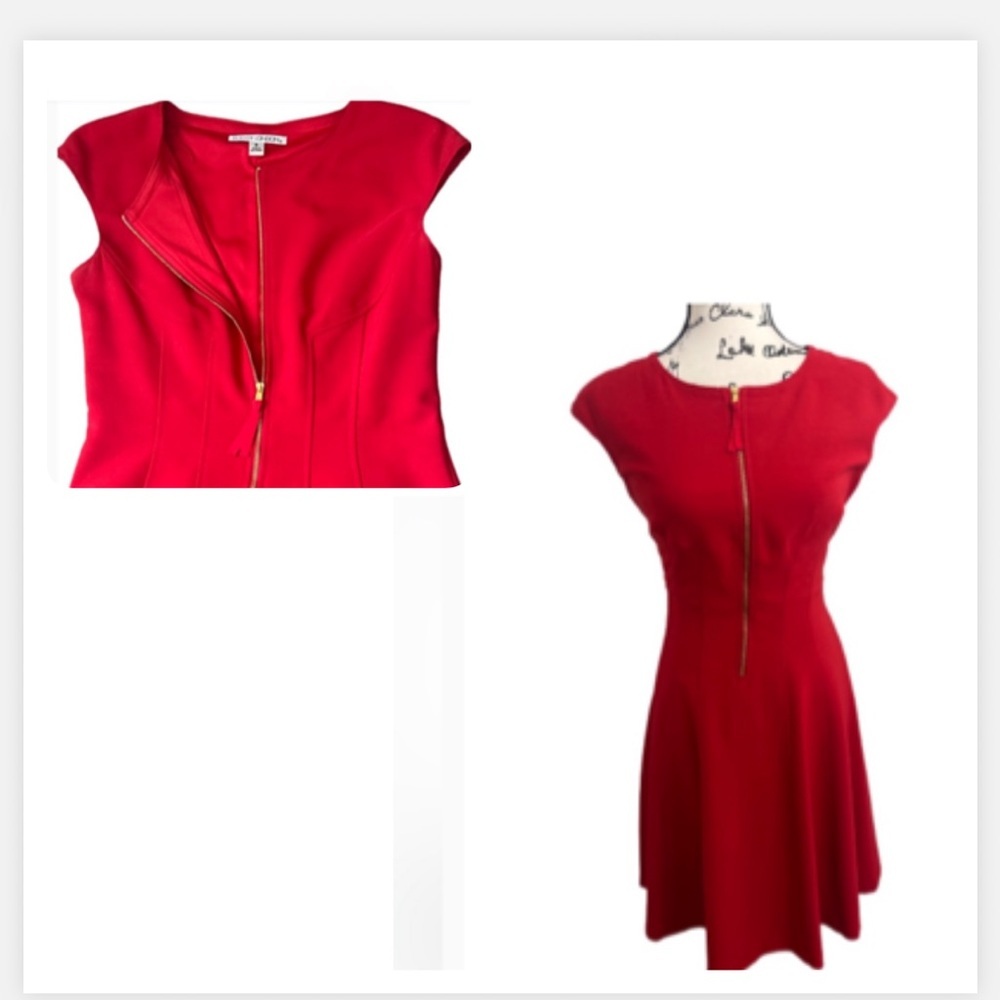 Maggy London Fit & Flair Red Midi Dress‎ Gold Accent Zipper Cap Sleeves